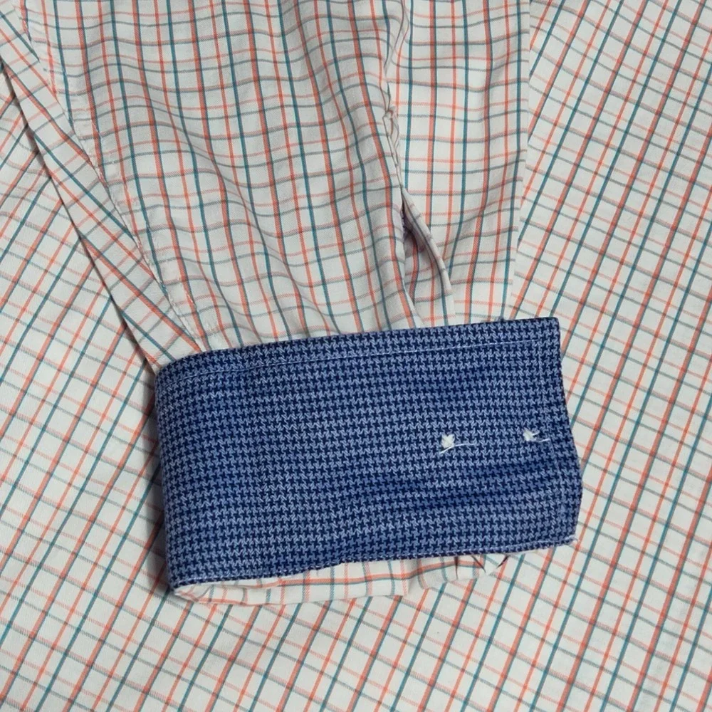 TOMMY BAHAMA ISLAND ZONE Men XL Teal‎ Orange Windowpane Pima Cotton Shirt EUC